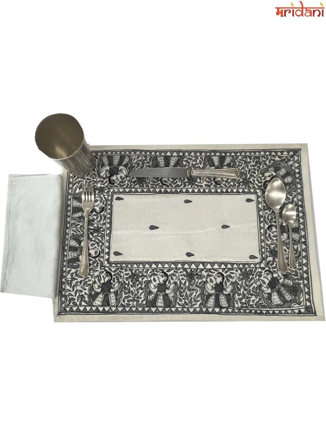 Hand-Painted Madhubani Table Mat Set – B&W Dancing Doll Design